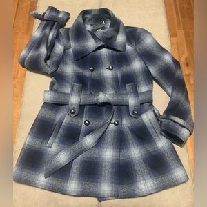 Miss Sixty M60 Y2K Womens Blue Plaid Wool Blend Pleated Back Coat Size Large